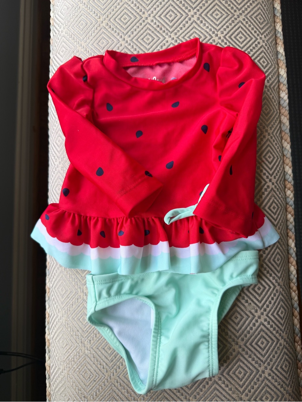 Kids 6-12 mo Red & Mint Two-Piece Swim Set - Long Sleeve Ruffle Top